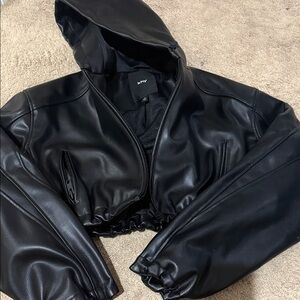 KHY Black Faux Leather Cropped Hoodie